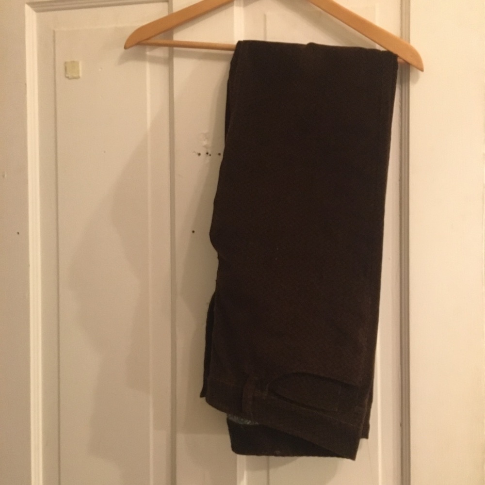 brown trousers with paisley pattern